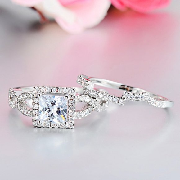 NEW 2PC/Set Princess Cut Diamond Halo Silver Ring - Picture 3 of 5